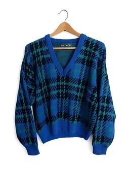 Vintage King’s Court Blue Green Plaid V Neck Knit Sweater Men’s L